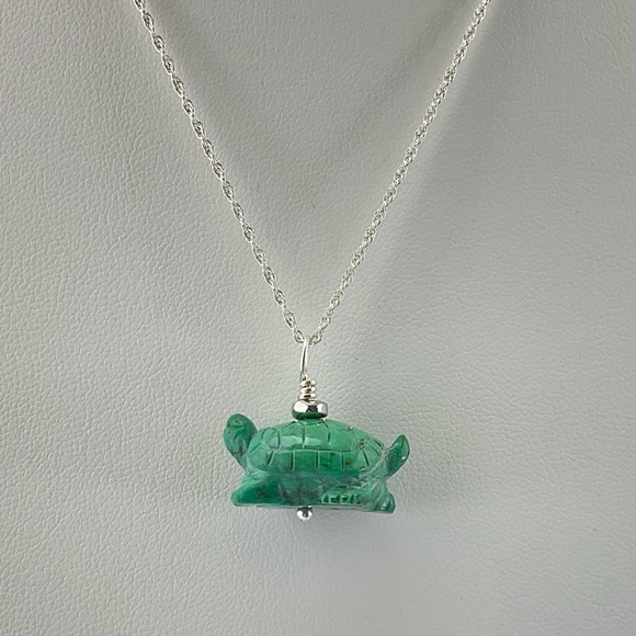 Turquoise Turtle Pendant Necklace, Handmade, Sterling Silver Rope Chain - Picture 3 of 14